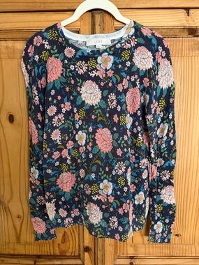 LOFT Navy Floral Long Sleeve Sweater with Pink and Teal Accents